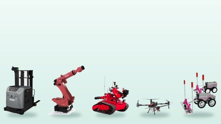 Industrial and field robots: autonomous forklift, palletizing robot, firefighting robot, agricultural drone and construction robot