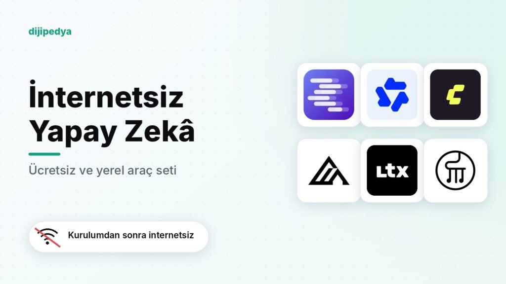 İnternetsiz çalışan ücretsiz yapay zekâ araçlarının logoları: LM Studio, Qwen, ComfyUI, Black Forest Labs, LTX ve YuE
