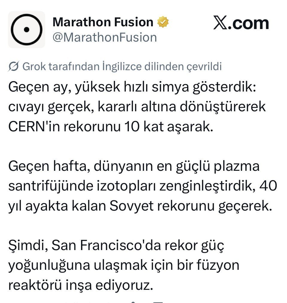 Marathon Fusion'ın cıvayı altına dönüştürdüğünü ve plazma santrifüjü rekorunu duyurduğu X paylaşımının Türkçe çevirisi