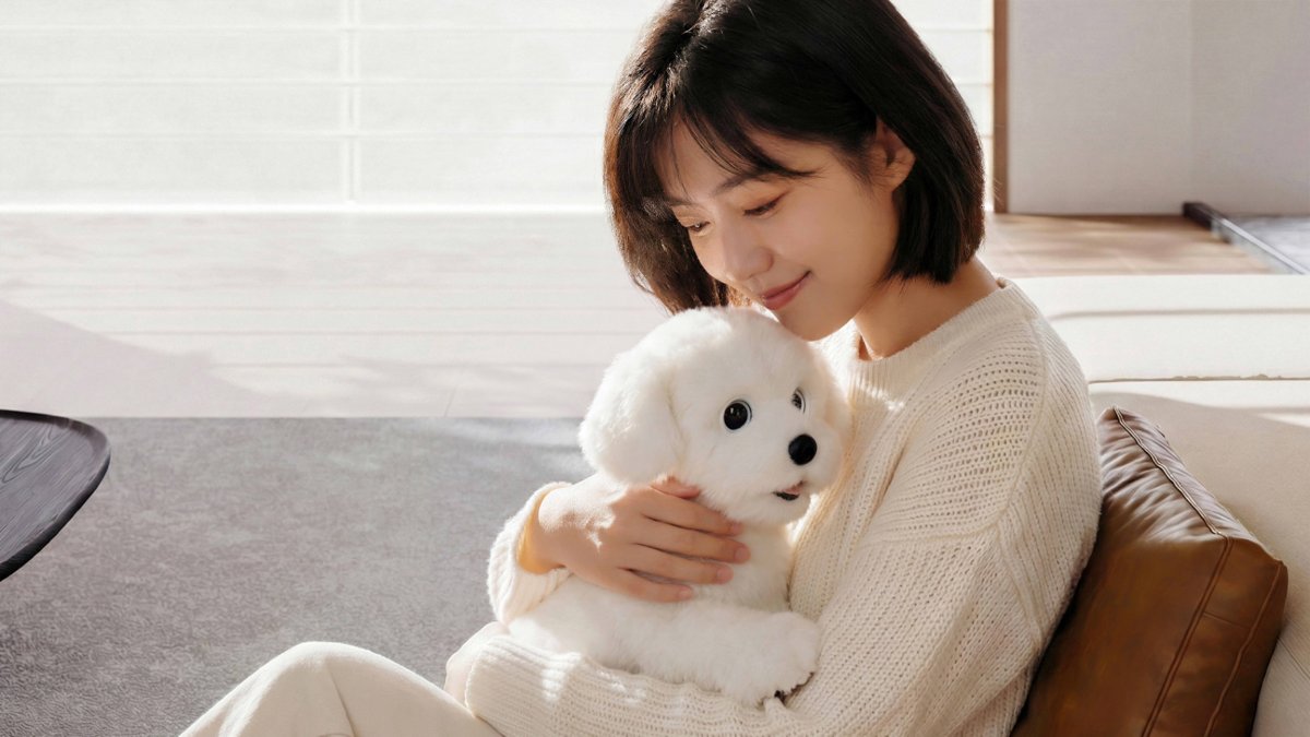 Ecovacs LilMilo robot köpeğe sarılan kadın