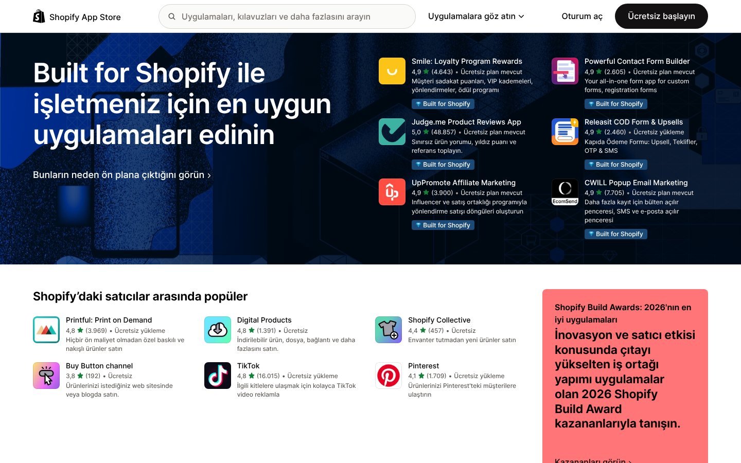 Shopify App Store Türkçe ana sayfası