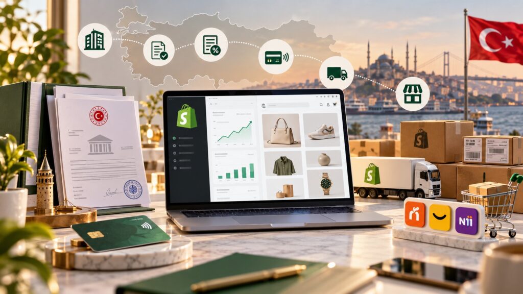 Shopify ile Türkiye'de satış: şirket, vergi, ödeme, kargo ve pazaryeri adımları