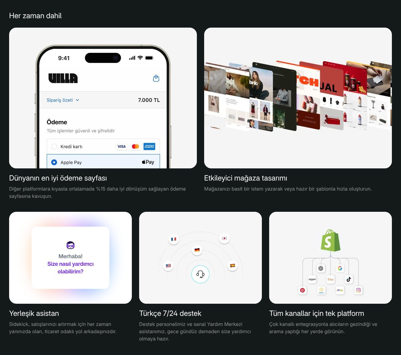Shopify tüm planlarda dahil özellikler: ödeme sayfası, tema, Sidekick, Türkçe destek