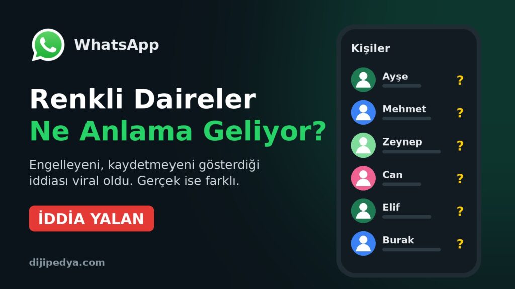 WhatsApp rehberinde renkli profil daireleri ve İddia Yalan yazısı