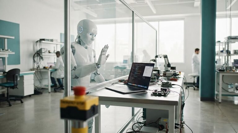 Güvenlik camının arkasında dizüstü bilgisayara bakan beyaz insansı robot