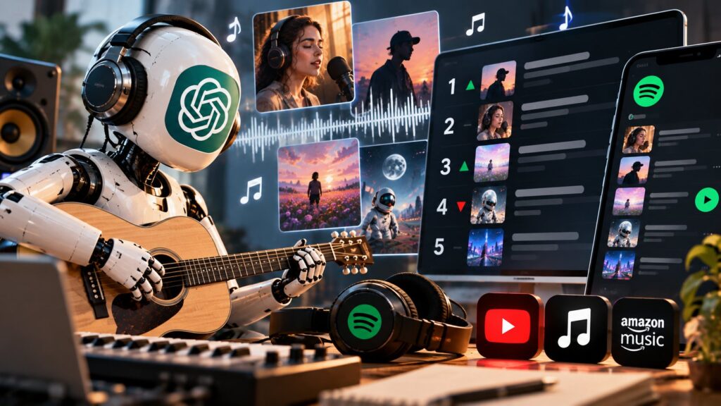 Gitar çalan yapay zeka robotu, müzik listeleri ve Spotify, YouTube Music, Apple Music, Amazon Music simgeleri
