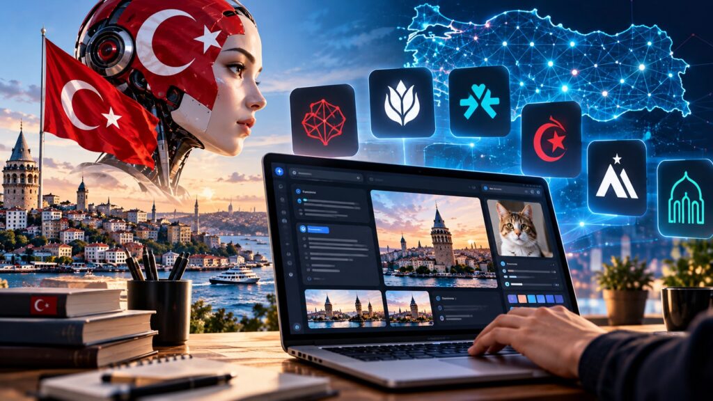 Türk bayrağı, İstanbul manzarası ve yapay zeka uygulama simgeleriyle yerli yapay zeka modelleri görseli